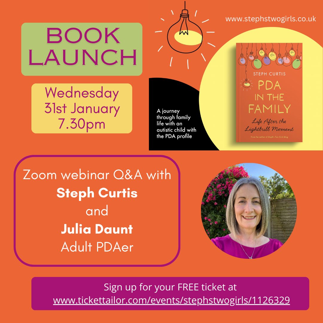 stephstwogirls's tweet image. Join me for an online PDA in the Family book launch - Wed 31st January, 7.30pm. 
Adult PDAer Julia Daunt is joining me to answer questions on all things PDA! Free to attend - register at tickettailor.com/events/stephst… All welcome, please share! #PathologicalDemandAvoidance #PDAAutism