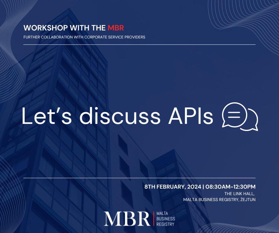 𝗠𝗕𝗥’𝘀 𝗪𝗼𝗿𝗸𝘀𝗵𝗼𝗽 - 𝗙𝘂𝗿𝘁𝗵𝗲𝗿 𝗰𝗼𝗹𝗹𝗮𝗯𝗼𝗿𝗮𝘁𝗶𝗼𝗻 𝘄𝗶𝘁𝗵 𝗖𝗼𝗿𝗽𝗼𝗿𝗮𝘁𝗲 𝗦𝗲𝗿𝘃𝗶𝗰𝗲 𝗣𝗿𝗼𝘃𝗶𝗱𝗲𝗿𝘀 (𝗟𝗲𝘁’𝘀 𝗱𝗶𝘀𝗰𝘂𝘀𝘀 𝗔𝗣𝗜𝘀)

Let’s discuss APIs together ❗

We are positive this 👇 will be worth your time:
showshappening.com/Malta-Business…