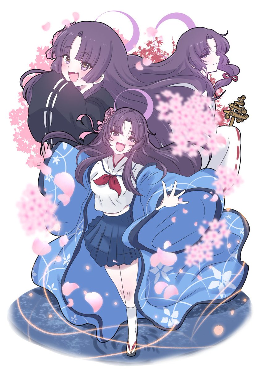 japanese clothes long hair school uniform skirt 1girl flower smile  illustration images