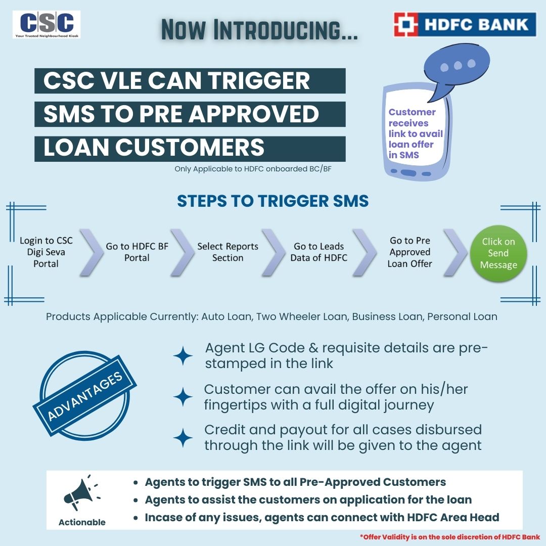 Attention VLEs!

CSC VLEs can trigger SMS to pre-approved loan customers.

#CscFinancialServices #Csc #DigitalIndia #HdfcBank #loans