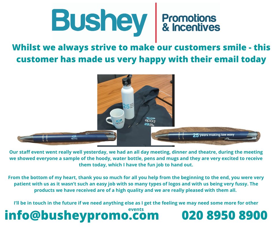 BusheyPromo's tweet image. Letting our customers talk for us.
It was a pleasure working with them and achieving a set of merchandise they were happy with to mark their 25th anniversary
#epoqlegal #BrandedMerchandise #staffappreciation #busheypromo #printedmerch