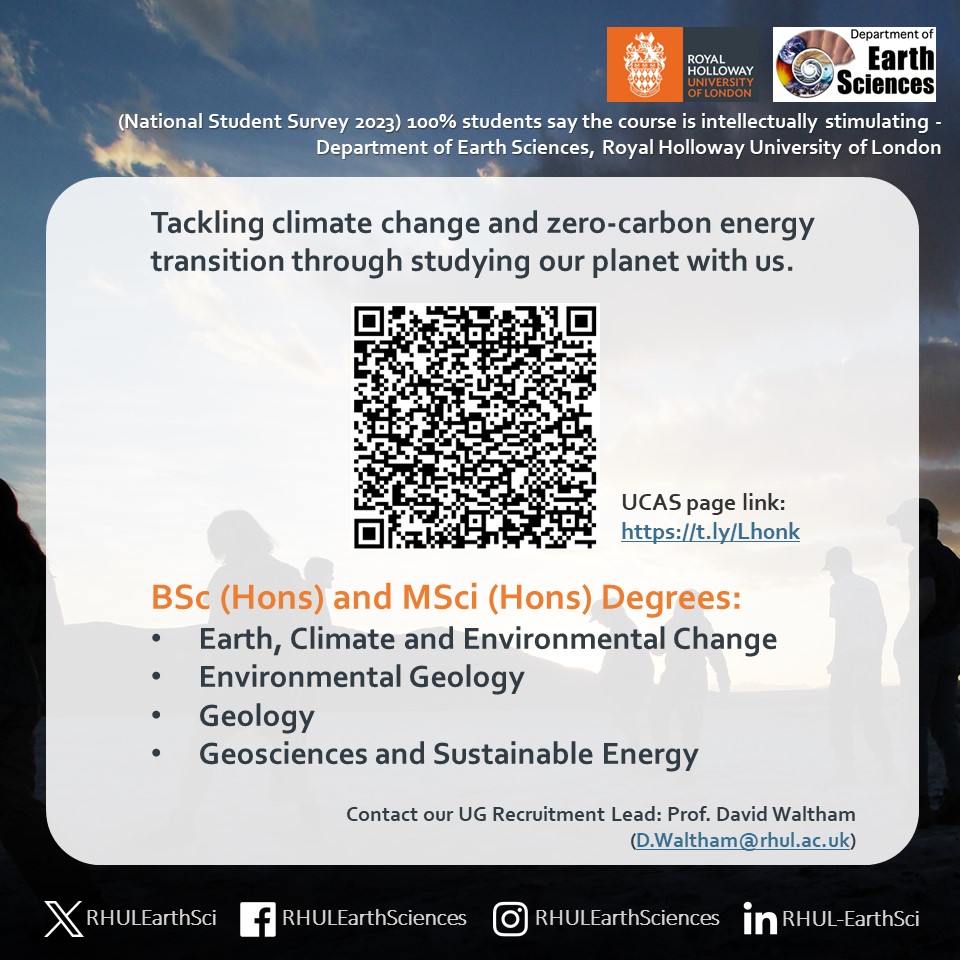 At the @RoyalHolloway Department of Earth Sciences, we prepare students to address 🌍global challenges related to our #planet, #climate change, #energy, and the #environment. 🫴Join us in creating a greener world💚. #UCAS #rhulearthsciences #geology #geosciences