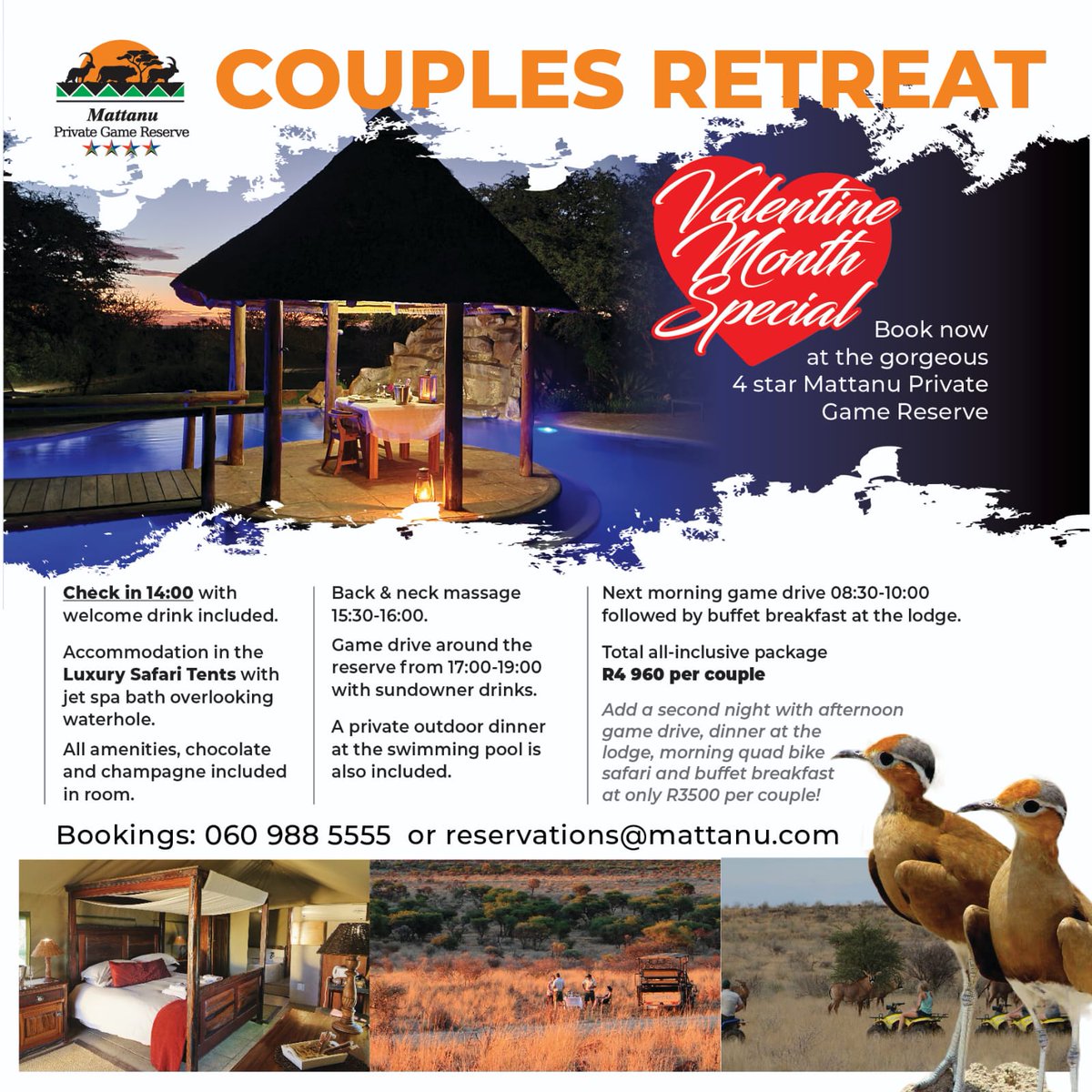 Escape to Love's Haven in the Northern Cape! 💑 Join us for a blissful Couple's Retreat next month, celebrating Valentine's. Cherish intimate moments, rejuvenate your connection, and create lasting memories in the heart of nature. ❤️ #ExperienceNorthernCape #SoMuchMoreToFeel