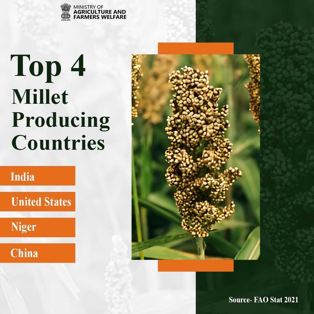Cultivating diversity: India, United States, Niger and China lead the world in millet production, nourishing global agriculture with their rich harvests. 

#IYM2023 #ShreeAnna #milletfacts