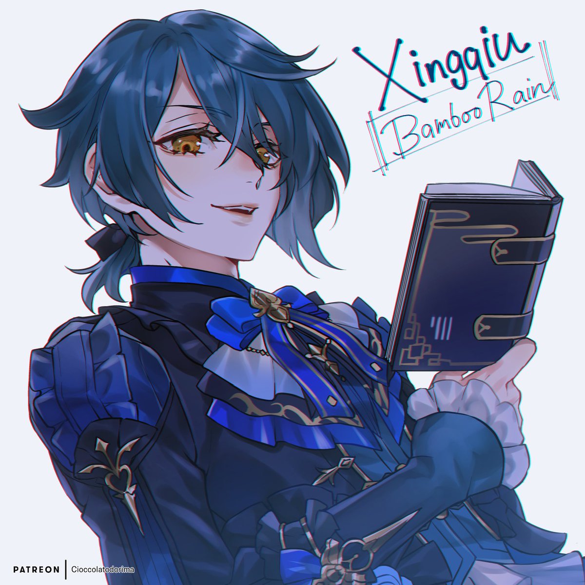 xingqiu (genshin impact) 1boy book male focus holding book blue hair holding solo  illustration images