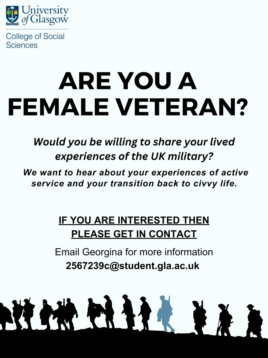 Please consider supporting this research project <a href="/UofGlasgow/">University of Glasgow</a>. Georgina is looking for a few more interviewees for her research. Please contact her by email if you are able to support. Thank you! <a href="/DefenceResNet/">Defence Research Network</a> <a href="/WRACAssociation/">WRAC Association</a> <a href="/WRNScotland/">WRN Scotland</a> <a href="/RAFAssociation/">RAF Association</a> <a href="/navy_women/">Naval Servicewomen's Network</a> <a href="/Cobseo/">Cobseo - The Confederation of Service Charities</a>