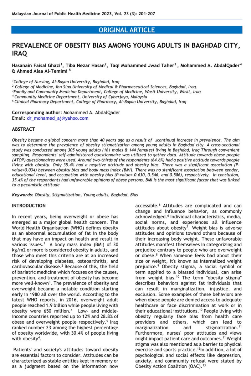 dr_habasha's tweet image. Our new paper on #obesity #bias &amp;amp; #stigmatization published online 

More efforts are needed to tackle this rapidly increasing phenomena 

@WorldObesity @WHOIraq @ObesityAction @ObesityEmpower @OHA_updates 

mjphm.org/index.php/mjph…