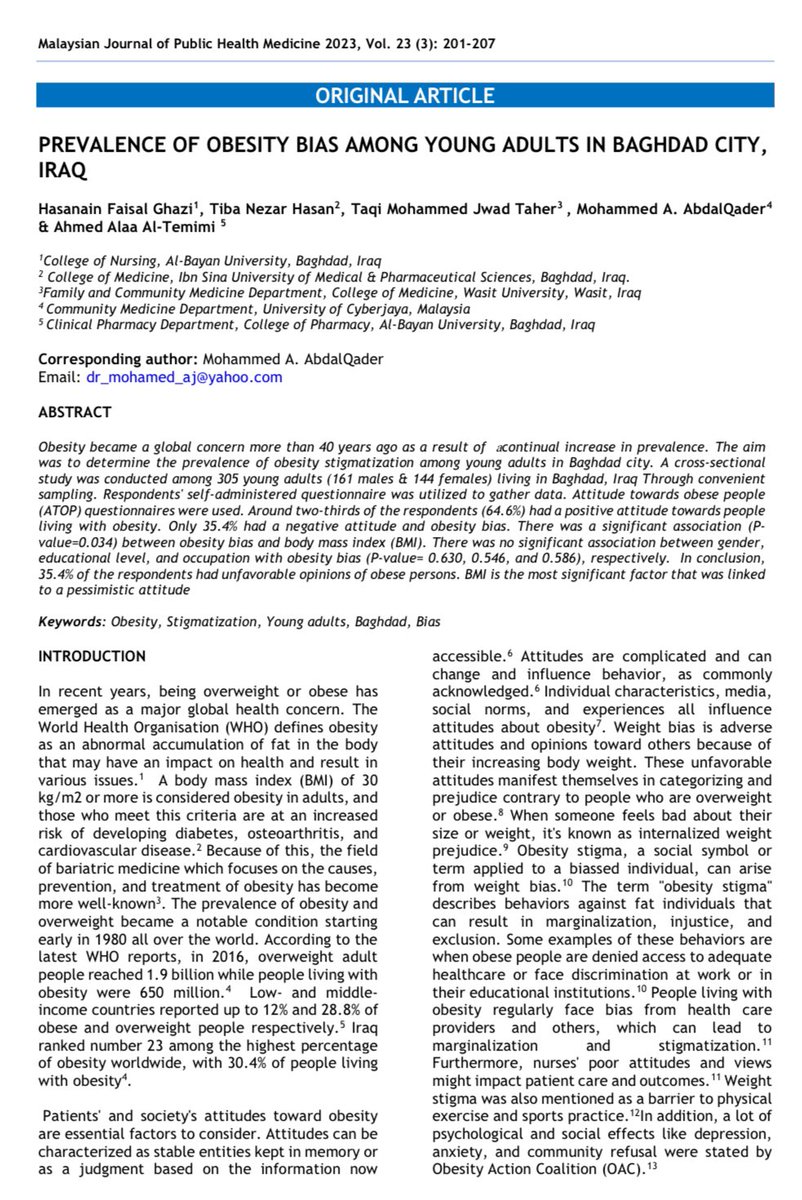 Our new paper on #obesity #bias & #stigmatization published online More efforts are needed to tackle this rapidly increasing phenomena @WorldObesity @WHOIraq @ObesityAction @ObesityEmpower @OHA_updates mjphm.org/index.php/mjph…