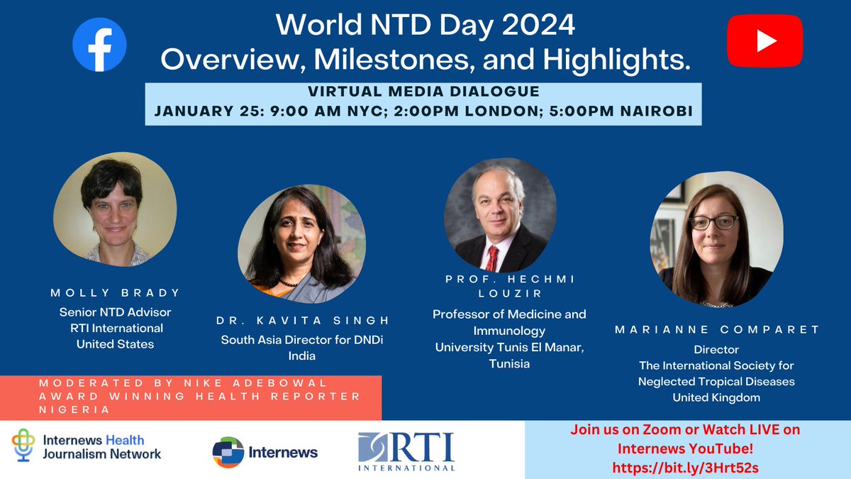 🎉One week to go until #WorldNTDDay 2024! @ISNTD_Press is delighted to celebrate & highlight NTDs in the @InternewsHJN @RTI_Intl media dialogue: 
👉Overview, Milestones, and Highlights on Road to Eliminate NTDs
👉Jan 25, 14:00 UTC
👉bit.ly/3Hrt52s #BeatNTDs #TakeOnNTDs