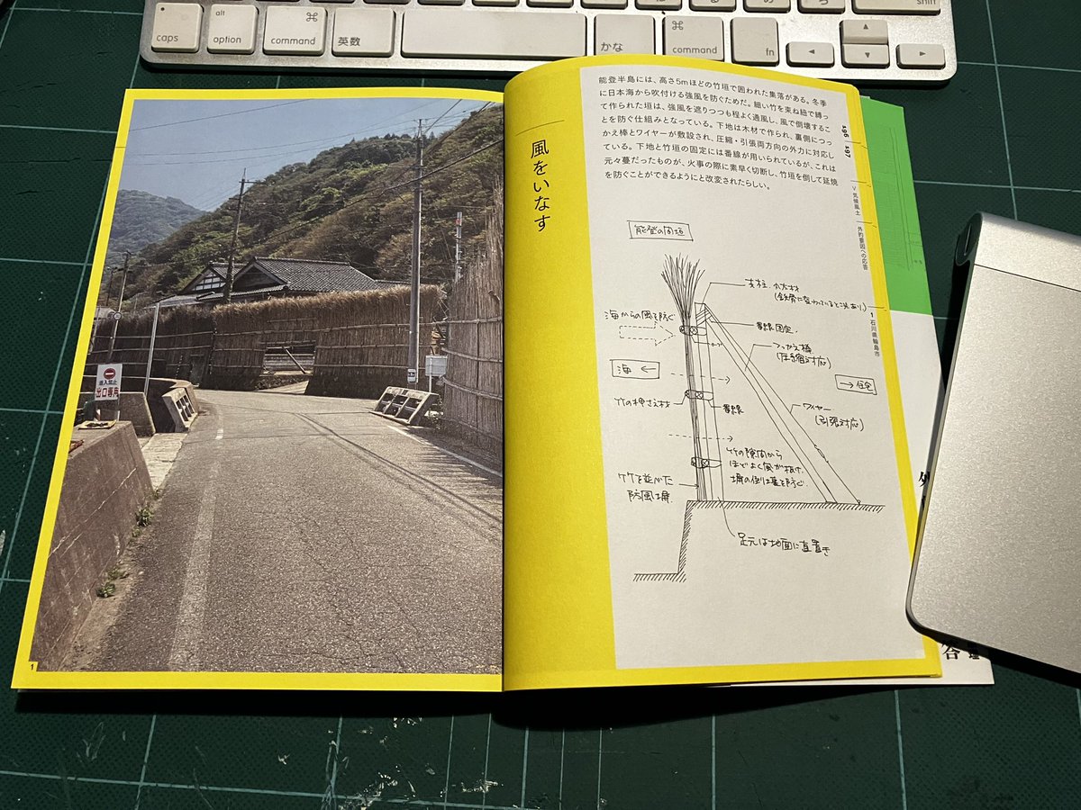 rhenin's tweet photo. 少し風邪ひいて、つらつらと本眺めていると、以前訪れたことのある竹ぼうきでできた垣根を発見した。これどこだったかなと、その本で確認すると能登半島だった。
もうしばらくかかると思うけれど、こんな洒脱な風除けは復活してほしい。出典は伊藤暁『具体的な建築』2023 https://t.co/dHDK7Vh5l3