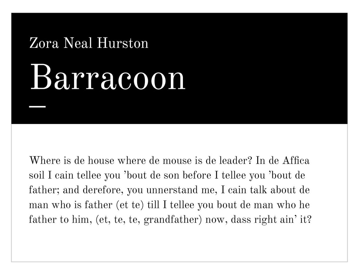 jdm1906's tweet photo. Zora Hurston met resistance for wanting to publish her interviews w/Oluale Kossola (Cudjoe Lewis) using his dialect/vernacular. It was not published until 2018. She honors Cudjoe & the ancestors of slavery by not whitewashing his account. #barracoon
Quick read! Lasting impact! https://t.co/QnozcqCfyr
