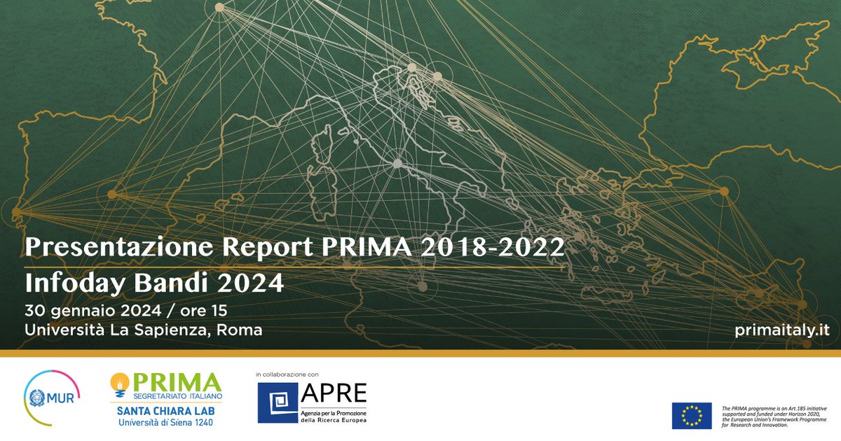 apre_it's tweet image. 📢 EVENTO | @mur_gov_ e @primaitaly - in collaborazione con #APRE - organizzano l&apos;Info day sui bandi #PRIMA2024
 
Overview dei primi 5 anni di attività del Programma e temi finanziati nel 2024 🎯
 
📅 30/01
⏰ 15:00-17:00
📍 @SapienzaRoma
 
👉 tinyurl.com/39ecswxf