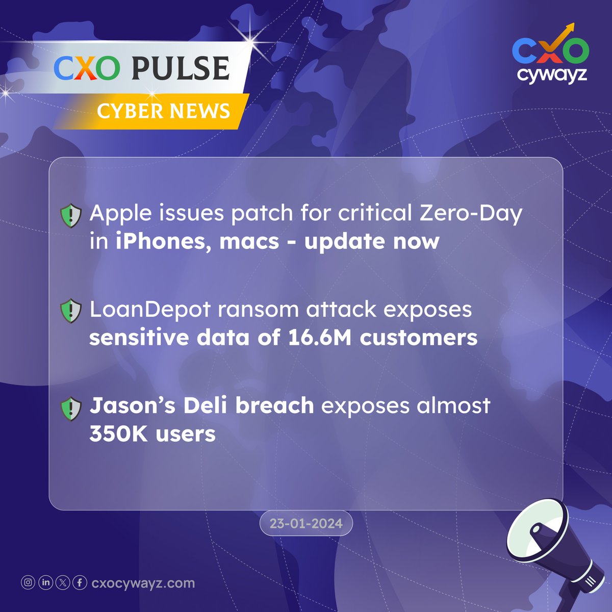 CXO PULSE Cyber News Headlines🚨

#cxopulse #cxocywayz #ApplePatch #ZeroDayFix #MacUpdate #LoanDepotRansomAttack #DataBreach #SensitiveDataExposed #CustomerPrivacy #JasonsDeliBreach #UserSecurity #Cybersecurity
