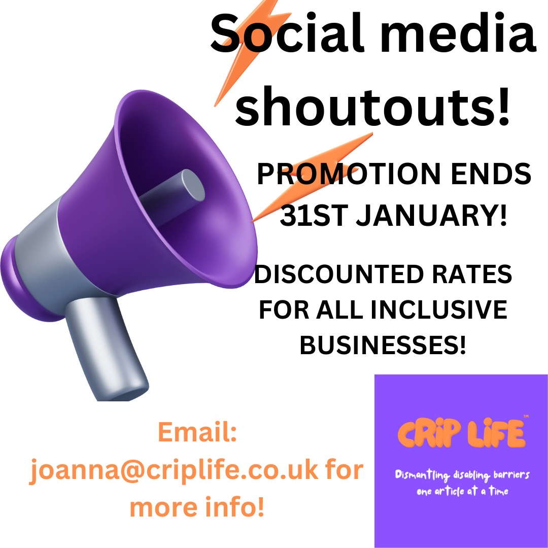 📣 FINAL WEEK TO TAKE ADVANTAGE OF SOCIAL MEDIA SHOUTOUT DISCOUNTS 📣

You have 7 days left to take advantage of this limited time offer ENDS 31/01/2024 💻📱♿️

Find out more here - criplife.co.uk/work-with-us/

#CripLife #InclusiveBusiness #SocialMediaShoutout