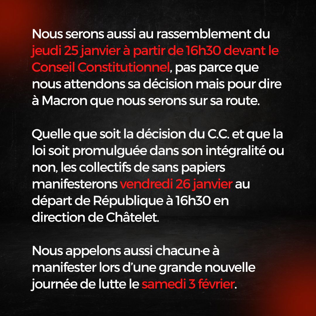 gilets_noirs's tweet photo. 🧨Prochains RDV de la mobilisation des collectifs des sans papiers ⤵️
Rassemblement 25/01 devant le CC à 16h30
Manifestation 26/01 République > Châtelet · 16h
Journée de lutte pour la régularisation et le retrait total 03/02 https://t.co/UA6462V0PX
