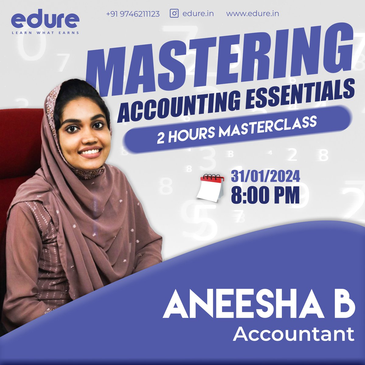 edurelearning's tweet image. Join us for a free webinar on Mastering Accounting Essentials, presented by Edure, and mentored by Aneesha B on 31-01-2024. This is a unique opportunity to boost your accounting skills and knowledge. 
Link 🔗chat.whatsapp.com/C86diSkv2W2K34…
#AccountingWebinar #EdureWebinar #Edure