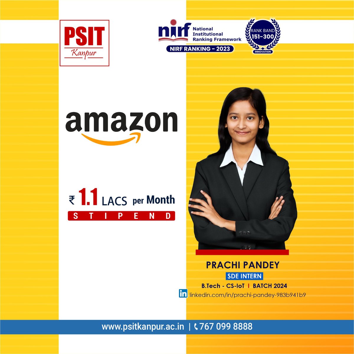 PSITKanpur2004's tweet image. Prachi Pandey, our B.Tech-CS-IoT student from the 2024 batch, has just set a new benchmark! 

#BestInternships #incredibleinternships #batch2024 #EraOfAchievers #PSITLegacy #Student #Success #Amazon #btech #aktu #PSITKanpur