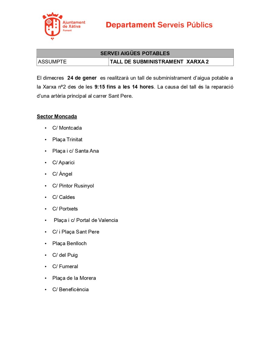 💦❌AVÍS TALL D'AIGUA

Demà dimecres 24 de gener tindrà lloc un tall d'aigua a la xarxa nº2, de 9:15 a 14 hores, per tal de realitzar una reparació a una artèria principal del carrer Sant Pere. S'adjunten els carrers afectats.

Disculpen les molèsties.