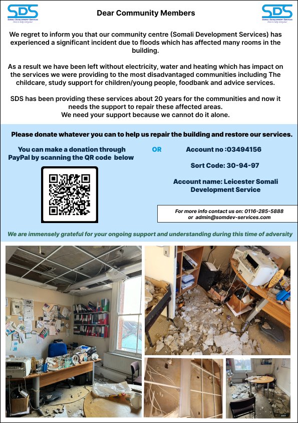 Our beloved Somali Development Services faces a crisis after floods devastated our community centre &amp; now we need YOUR help to rebuild.  

 Please consider donating to support our community's recovery. Together, we can make a difference!🤝 #SDS #CommunitySupport