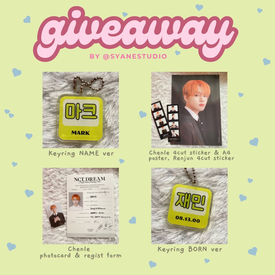 syanestudio's tweet photo. 「 ✦ GIVEAWAY by syanestudio ✦ 」 

⋆ 2pcs keyring &amp; NCT Dream official merch seasons greetings [gift tertera di gambar] ⋆

SYARAT:
• follow twitter &amp; instagram @syanestudio 
• RT tweet ini dan pinned tweet, comment DONE
• end 01 Februari 2024 

𝐠𝐨𝐨𝐝𝐥𝐮𝐜𝐤 ♡ https://t.co/ijOOLMkDCn