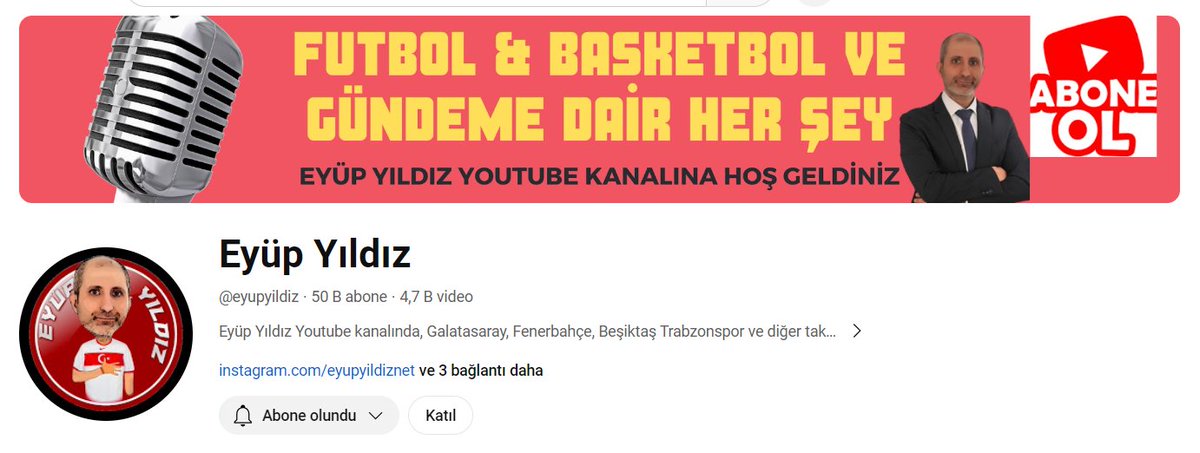💥Türk futbolunu ve Galatasaray'ı konuştuğum Youtube kanalım 50 bin aboneyi geçti. ❗️Destek olan herkese teşekkürler🦁💛❤️ 📺Destek olmak isteyen dostlar için de link paylaşayım, abone olarak destek olsunlar😊👇 youtube.com/eyupyildiz