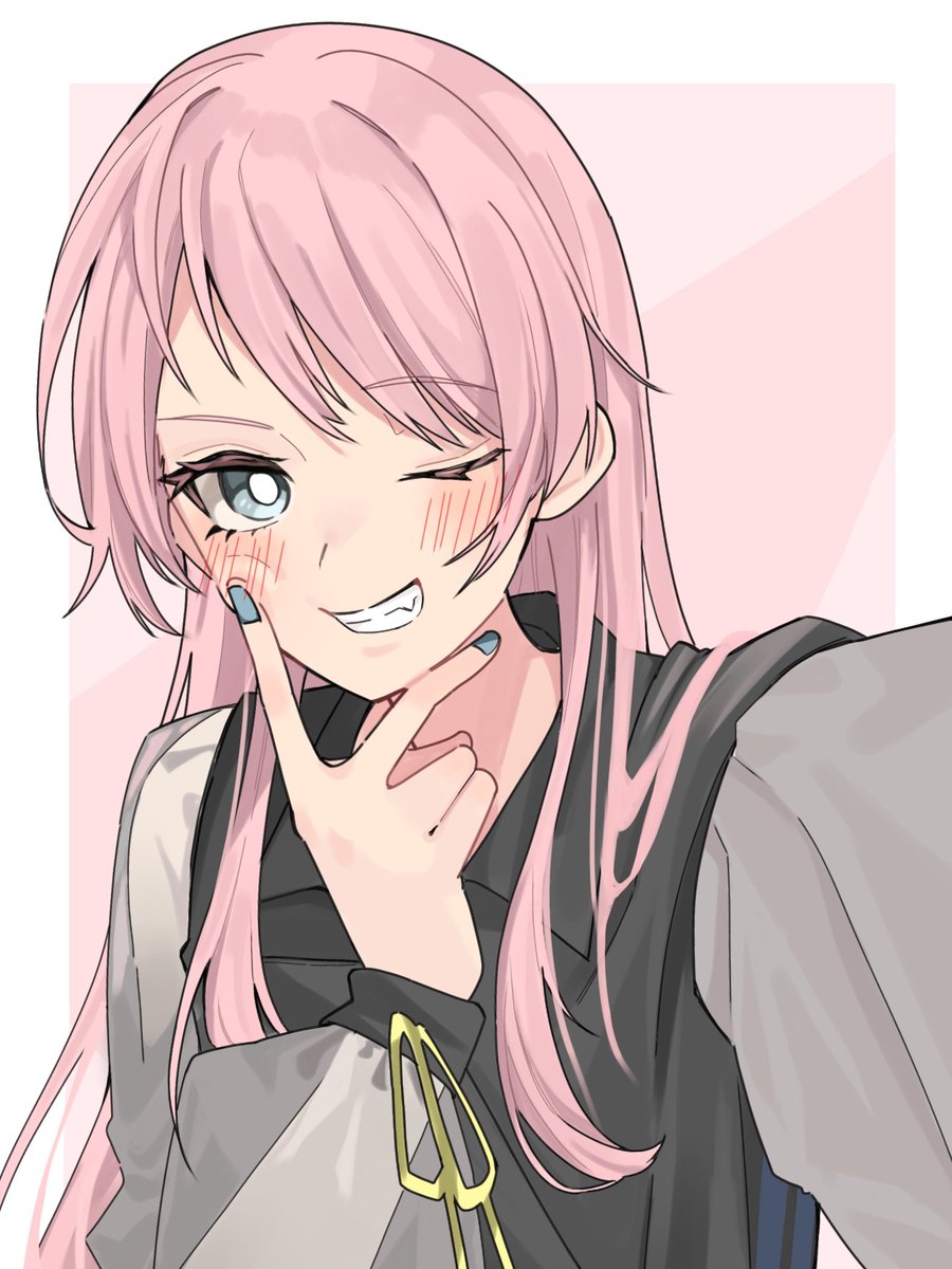 1girl pink hair one eye closed smile solo long hair looking at viewer  illustration images