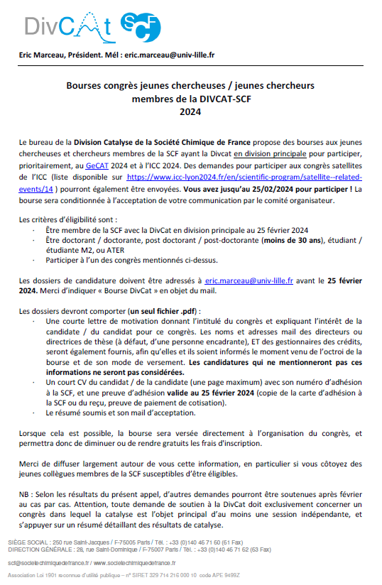 RJ-SCF (@rj_scf) on Twitter photo 📢 Bourses Congrès Jeunes Chercheurs <a href="/DivcatScf/">DivCat_SCF</a> 2024!
🎓 Le bureau de la Division Catalyse de la Société Chimique de France offre des bourses aux membres pour participer au GeCAT 2024 et à l’ICC 2024
📆Deadline : 25/02/2024
Partagez l'opportunité🌐 @reseauSCF
Infos ici 👇 📢 Bourses Congrès Jeunes Chercheurs <a href="/DivcatScf/">DivCat_SCF</a> 2024!
🎓 Le bureau de la Division Catalyse de la Société Chimique de France offre des bourses aux membres pour participer au GeCAT 2024 et à l’ICC 2024
📆Deadline : 25/02/2024
Partagez l'opportunité🌐 @reseauSCF
Infos ici 👇