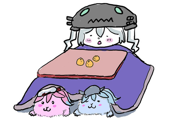 harusame (kancolle) ,wo-class aircraft carrier table abyssal ship kotatsu :3 hat food multiple girls  illustration images
