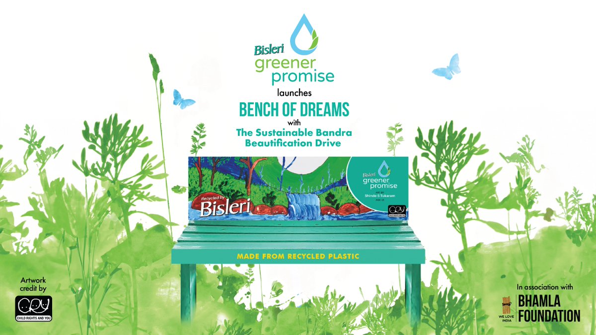 Reuse, recycle and reimagine! Launching #BenchOfDreams with The Sustainable Bandra Beautification Drive – a campaign to promote the reuse and recycle of plastic. Join us today at 6 pm at Amphitheater, Carter Road. #BisleriGreenerPromise Supported by @CRYINDIA @bhamlafoundatio