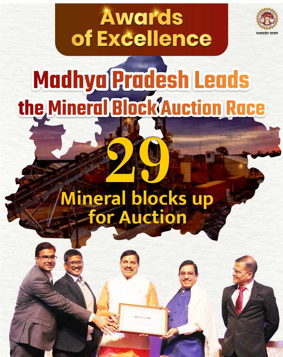 mineraldeptmp's tweet image. 𝐌𝐢𝐧𝐢𝐧𝐠 𝐌𝐢𝐥𝐞𝐬𝐭𝐨𝐧𝐞!

Madhya Pradesh honored for the highest number of mineral block auctions.
#MiningReform
#JansamparkMP