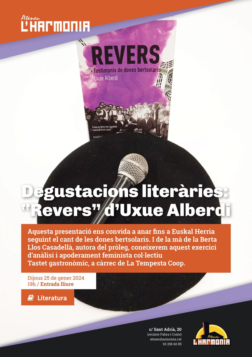 La comanda de les #DegustacionsLiteràries d'aquest mes ens transporta al nord. Seguirem el cant de les dones #bertsoalris per conèixer aquest exercici d'anàlisi i apoderament feminista col·lectiu.
Amb la <a href="/BertaLlos/">Berta Llos Casadellà</a> , autora del pròleg.

🗓️25/1 a les 19h
🔗ateneuharmonia.cat/esdeveniments/…