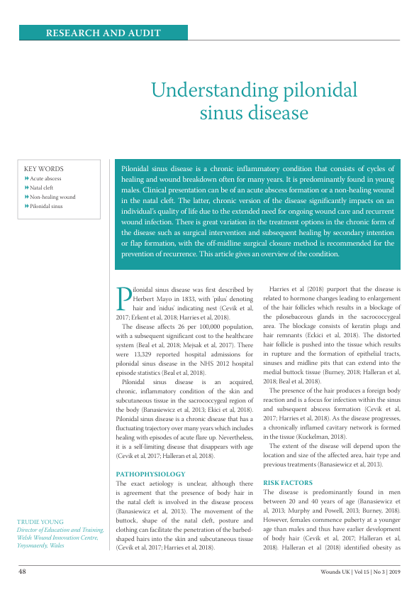 Take a look at this article on understanding Pilonidal Disease - it provides a rounded overview of pathophysiology, complications and treatment. wounds-uk.com/wp-content/upl…