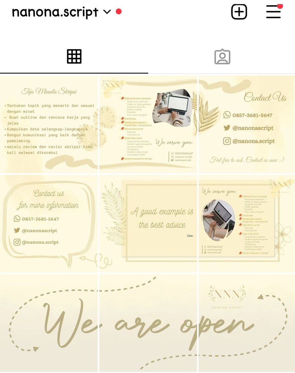 NanonaScript's tweet image. Our new IG feeds. Check this out :)

Yuk biar IPK 2,3 bisa naik, ketuk DM kita sekarang ya.

Nanona, spesialis editing skripsi