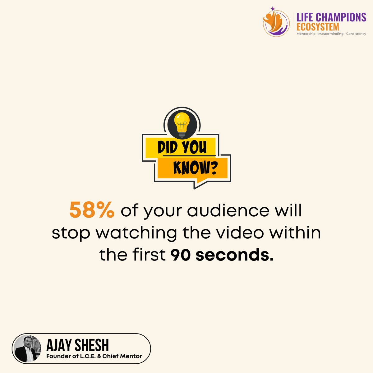 ajayshesh's tweet photo. DID YOU KNOW that 58% of your audience will stop watching your #video within the first 90 seconds? 

This means that the opening moments of your video are absolutely important in capturing your viewers attention &amp; keeping them engaged throughout.
.
.
#ThriveWithLCE #businessideas https://t.co/bI3J6Q6aJb