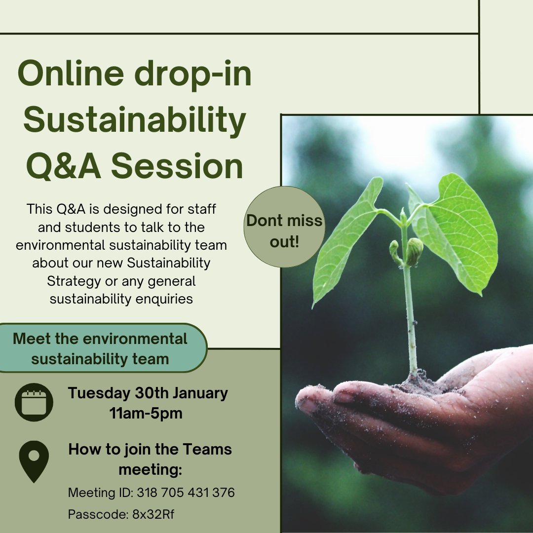 The environmental sustainability team are hosting an online drop-in sustainability Q&A session for staff and students at the University of Manchester Come with any questions about sustainability or our new sustainability strategy @SocialResponUoM @SustainableUoM @ULLManchester