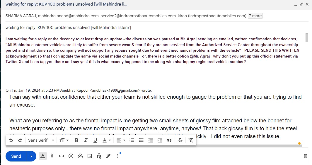 Today is day one of Tweeting about the zero sense of responsibility and support from <a href="/MahindraRise/">Mahindra Group</a> and the lack of their hierarchy ready to instruct their dealerships to address real customer concerns <a href="/Mahindra_Auto/">Mahindra Automotive</a> is supposed to enter manufacturing <a href="/Airbus/">Airbus</a>? That is scary!