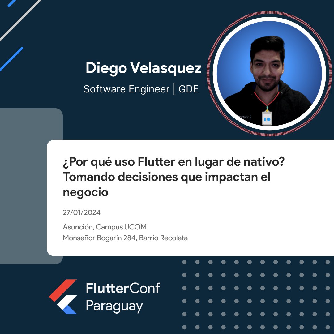 flutter_py's tweet image. ⏰ ¡Hora de la revelación! 🚀@diegoveloper te espera con su charla en la #FlutterConfPY 2024. 

💼 "¿Por qué uso Flutter en lugar de nativo? Tomando decisiones que impactan el negocio" revelará valiosas perspectivas.

¡Reserva tu lugar ahora! 

#FlutterDecisions #TechTalk