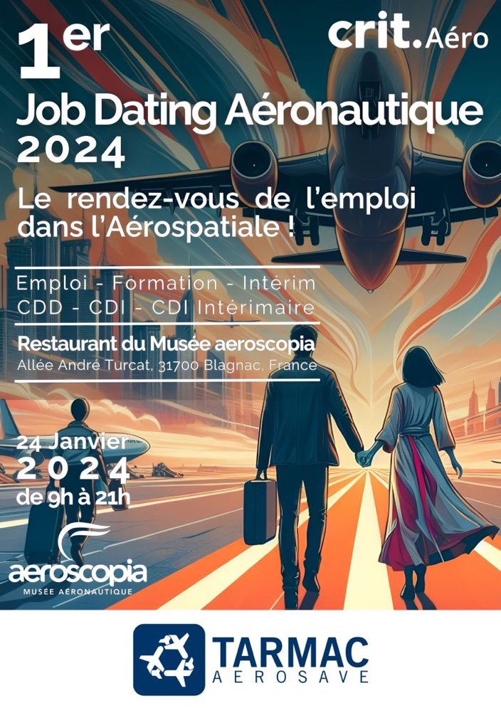 RDV demain à Blagnac pour le 1er #Jobdating aéronautique de l’année, organisé par @CritFrance Aéro ! 📅 24 janv. ⌚9h-21h 📍 Ferme de Pinot @aero_scopia Nous présenterons les emplois à pourvoir et répondrons à vos questions sur nos activités ! 🛬🔧🛫♻ #lAéroRecrute