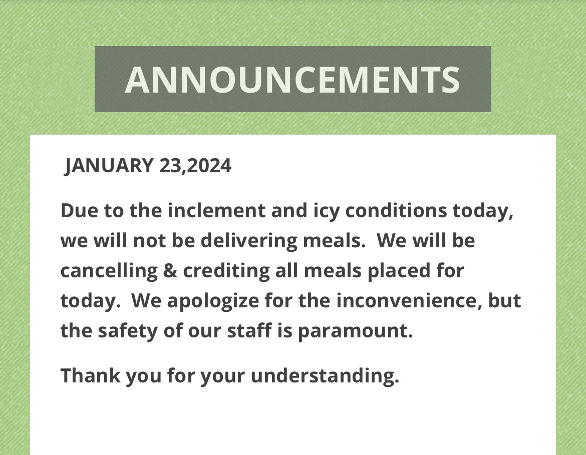 Hey Eagles!! Please see below, from Harvest Fresh!  Due to the weather conditions, all pre-ordered lunches today are cancelled. Students will need to bring lunches from home.