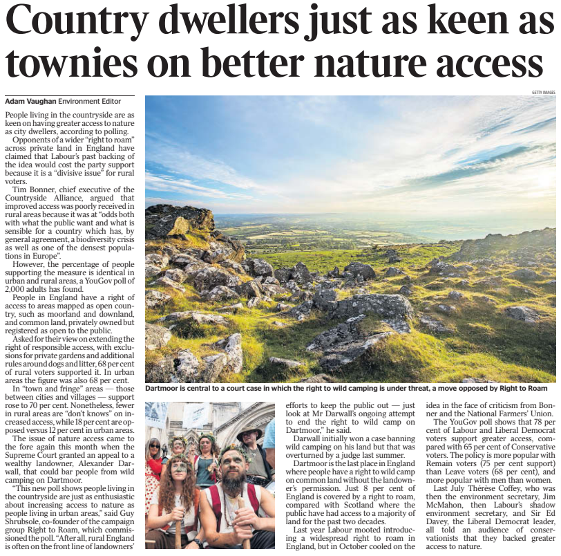 There's no 'town vs country' divide over support for greater access to nature. New poll shows 68% of people in rural areas support a 'right of responsible access to the rest of the countryside in England' - exact same % as for city dwellers. @adamvaughan_uk in today's Times 1/