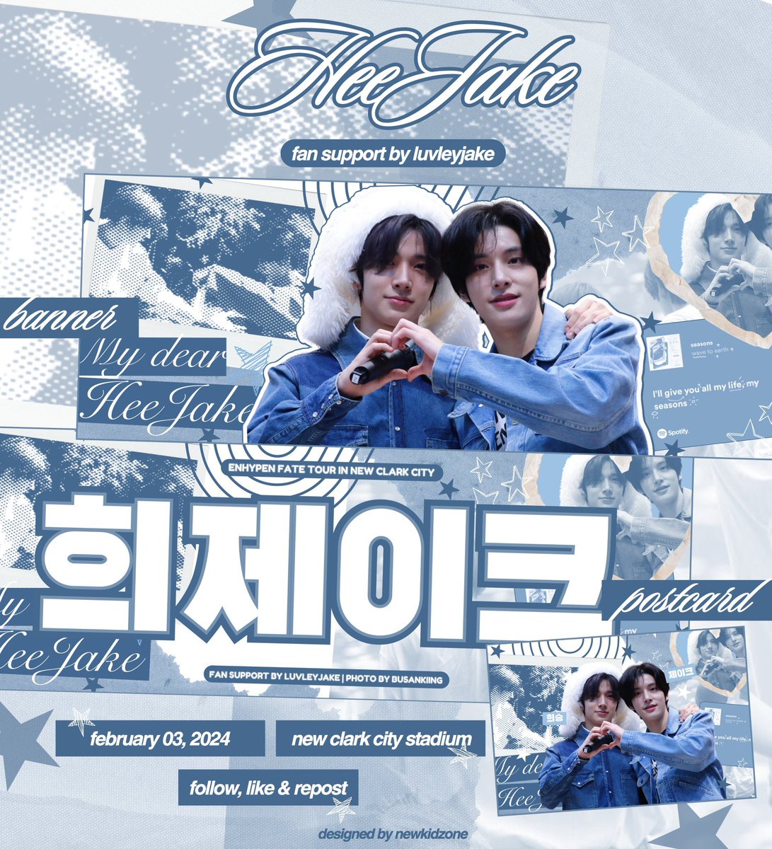 luvleyjake's tweet photo. ‧₊˚ ☁️⋅♡𓂃 ࣪  MY DEAR HEEJAKE BANNER &amp; POSTCARD ☁️
heejake fan support by: @luvleyjake

— mbf (might priv on d-day), like &amp; rt
— strictly 1:1 ratio 
— might randomly give sa makakasalubong;
— or location will be announced on d-day
— only one of the two

#FATE_IN_NEWCLARKCITY https://t.co/ubwtpSq08M