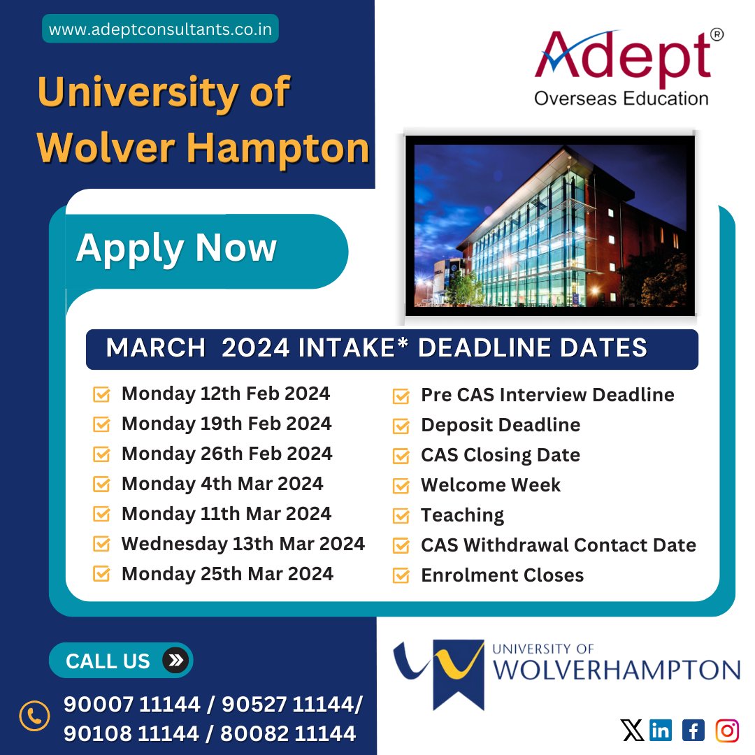 Monday 12th Feb 2024      Pre CAS Interview Deadline

Monday 26th Feb 2024      CAS Closing Date

Wednesday 13th Mar '24   CAS Withdrawal Contact Date

Monday 25th Mar 2024     Enrolment Closes

#Adeptoverseaseducation #StudentVisa  #deadlines #marchintake #wolverhampton