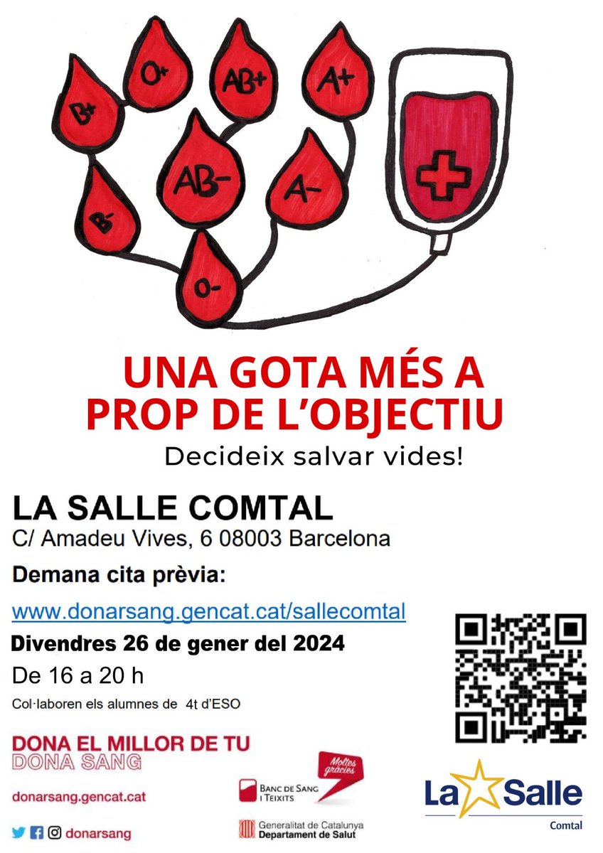 🩸 L'alumnat d'APS de Banc de Sang torna a posar en marxa la campanya de donació! 
 
🗓️  Divendres 26 de gener de 16h a 20h 
📍 La Salle Comtal 

➡️ Apunta't per donar sang a: donarsang.gencat.cat/sallecomtal 

⭐ Decideix salvar vides!
