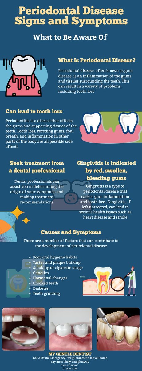 WHAT ARE THE SIGNS AND SYMPTOMS OF PERIODONTAL DISEASE? 
In this infographic, you will be guided about the signs and symptoms of periodontal disease. If you are experiencing some of these signs, remember to consult your dentist. 

#signsandsymptoms
#periodontaldisease