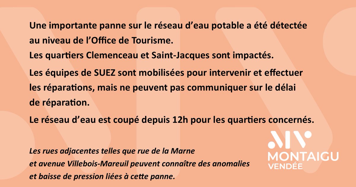 [COUPURE EAU]💧
Une panne du réseau potable est en cours à Montaigu dans le secteur des rues Georges Clemenceau et Saint-Jacques. 
Infos 👇