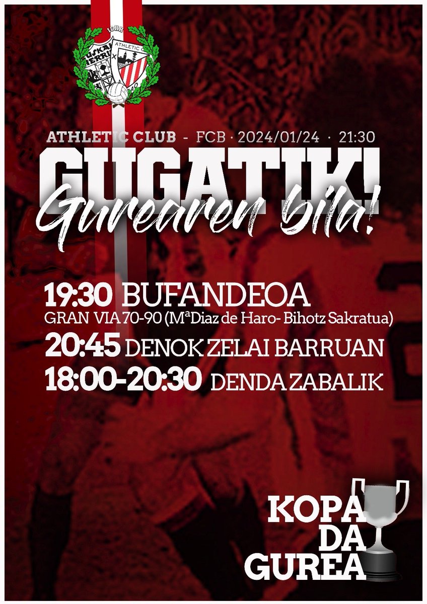 Galtzea ez da aukera bat! 

Koparen bila danok batera. 

📍19.30 Gran Vian bufandeoa busari. 

📢 20.45 zelaian! 

Guztiarekin Athletic, guztiarekin San Mames!