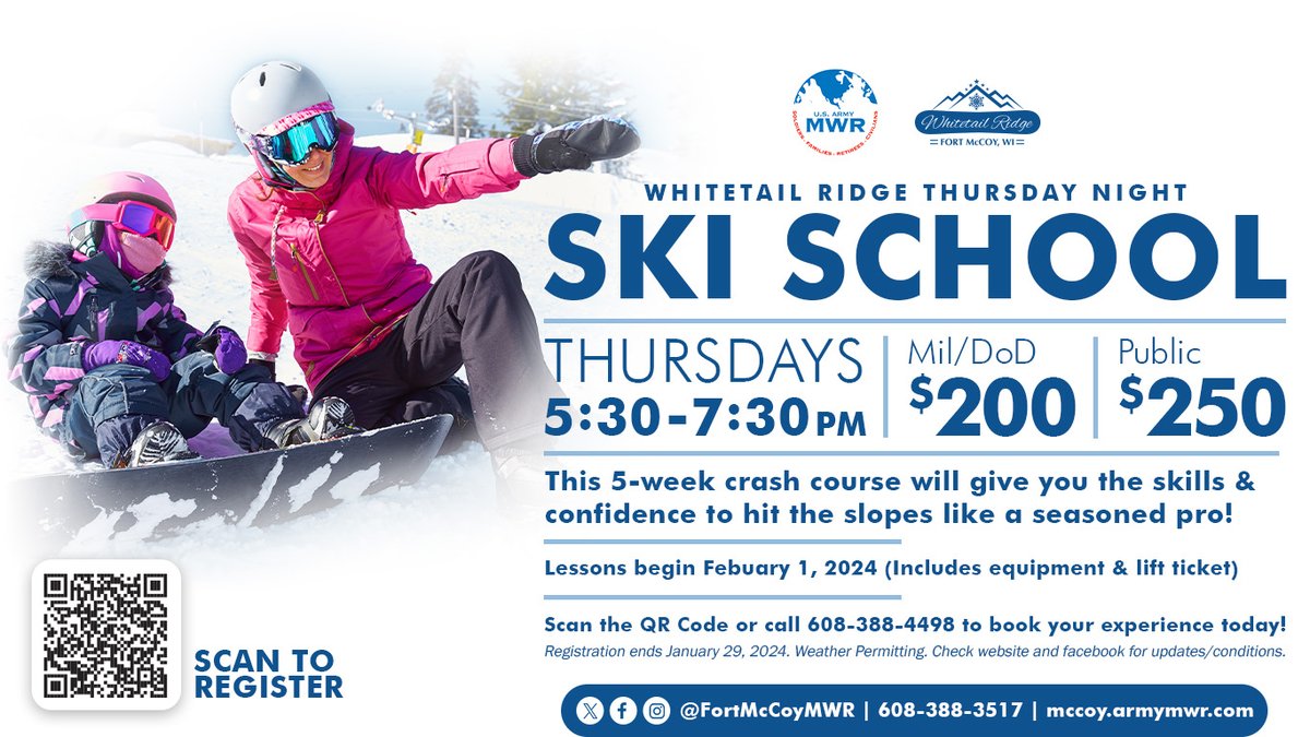 FortMcCoyMWR's tweet image. Learn to Ski or Snowboard Thursday nights in February. Register NOW for this 5-week instructional course at Whitetail Ridge. #learntoski @USAGMcCoy @86thD @181MFTB @88RDBlueDevils @416thTEC @FtMcCoyCPAC #LearnToSnowboard #skischool #FortMcCoyMWR