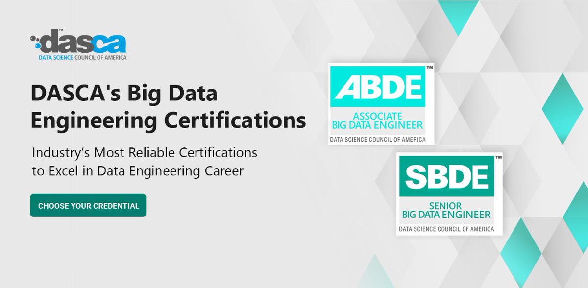 DASCA_Insights's tweet image. DASCA's #BigDataEngineering Certifications are major international qualifications today for software engineers & programmers aspiring to grow in the high–demand Big Data engineering profession.
Choose Your Credential: bit.ly/3EzllK1
#bigdata #BigDataEngineer #dasca