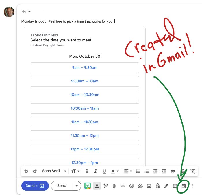 📩 Did you know that you can create an appointment schedule directly from #Gmail?

Look for the calendar icon when composing a message. This will let you set your availability so that the other person can pick the time that works best for them.

#GoogleEDU #TeacherTwitter