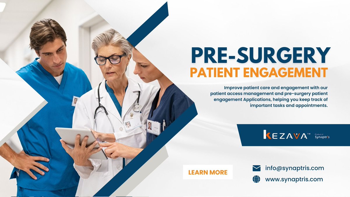 Kezava (@kezavacms) on Twitter photo Kezava transforms pre-surgery prep! Our patient engagement app ensures a smoother journey. Empowering patients for a stress-free surgery experience.
Learn more : synaptris.com
Email us : info@synaptris.com
#surgery #PatientCare #schedule #softwaredevelopment Kezava transforms pre-surgery prep! Our patient engagement app ensures a smoother journey. Empowering patients for a stress-free surgery experience.
Learn more : synaptris.com
Email us : info@synaptris.com
#surgery #PatientCare #schedule #softwaredevelopment
